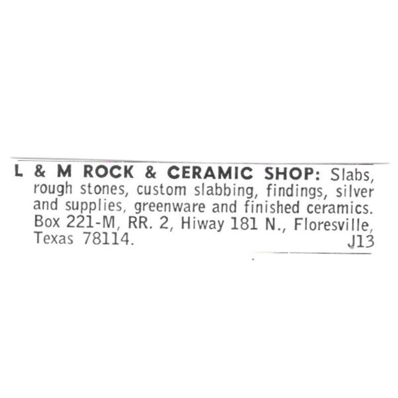 L&M Rock & Ceramic Shop Floresville Texas 1972 Ad AF8-S24