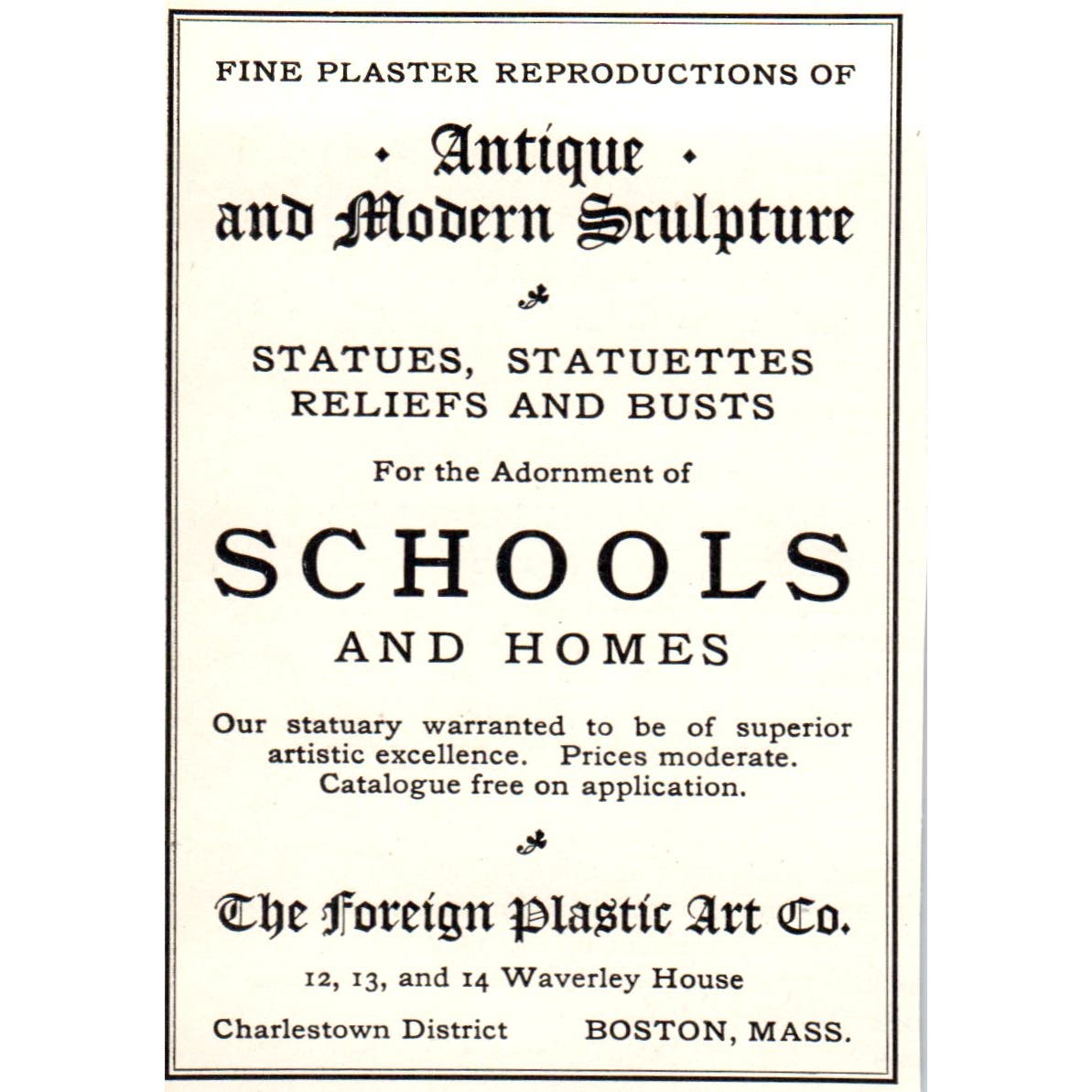 The Foreign Plastic Art Co Sculpture Boston MA c1905 Victorian Ad AE9-MA5