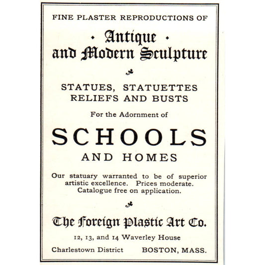 The Foreign Plastic Art Co Sculpture Boston MA c1905 Victorian Ad AE9-MA5