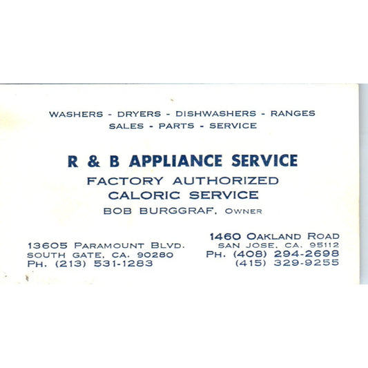 R&B Appliance Service Bob Burggraf San Jose CA Vintage Business Card SD8-B13