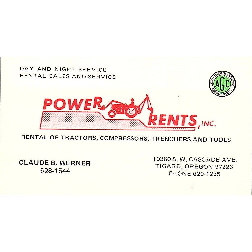 Power Rents Inc. Claude B. Werner Tigard Oregon Vintage Business Card SB4-B4