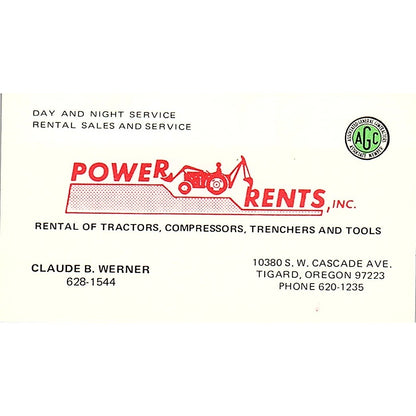 Power Rents Inc. Claude B. Werner Tigard Oregon Vintage Business Card SB4-B4