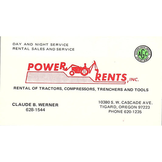 Power Rents Inc. Claude B. Werner Tigard Oregon Vintage Business Card SB4-B4