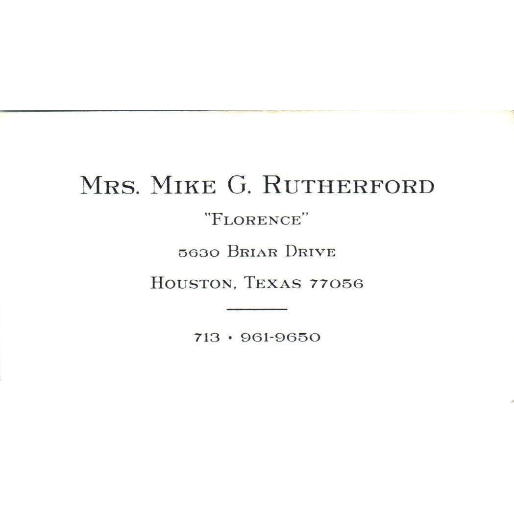 Mrs. Mike G. Rutherford "Forence" Houston TX Vintage Business Card SD8-B16
