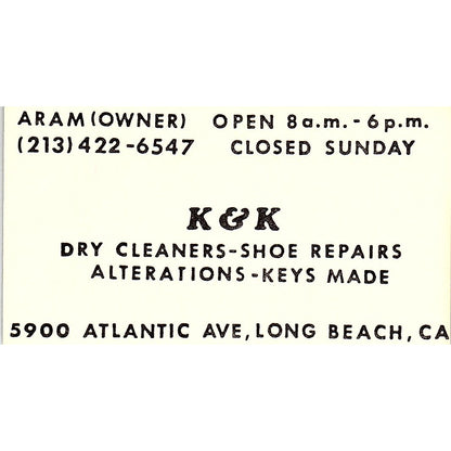 K & K Dry Cleaners-Shoe Repairs Aram Long Beach Vintage Business Card SF3-B5