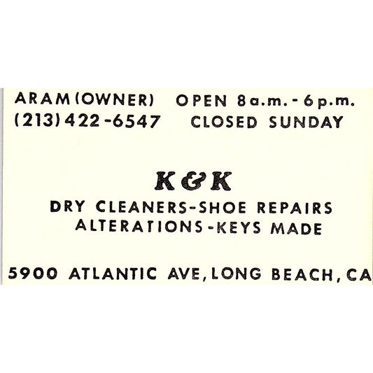 K & K Dry Cleaners-Shoe Repairs Aram Long Beach Vintage Business Card SF3-B5