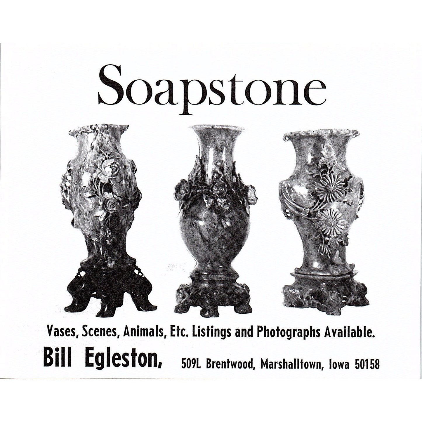 Bill Egleston Soapstone Marshalltown Iowa 1972 Ad AF8-H2