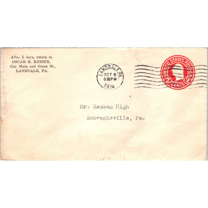 1924 Oscar R. Keiser Lansdale to Reuben High Schwenksville Envelope TG7-PC2