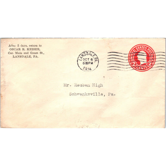1924 Oscar R. Keiser Lansdale to Reuben High Schwenksville Envelope TG7-PC2