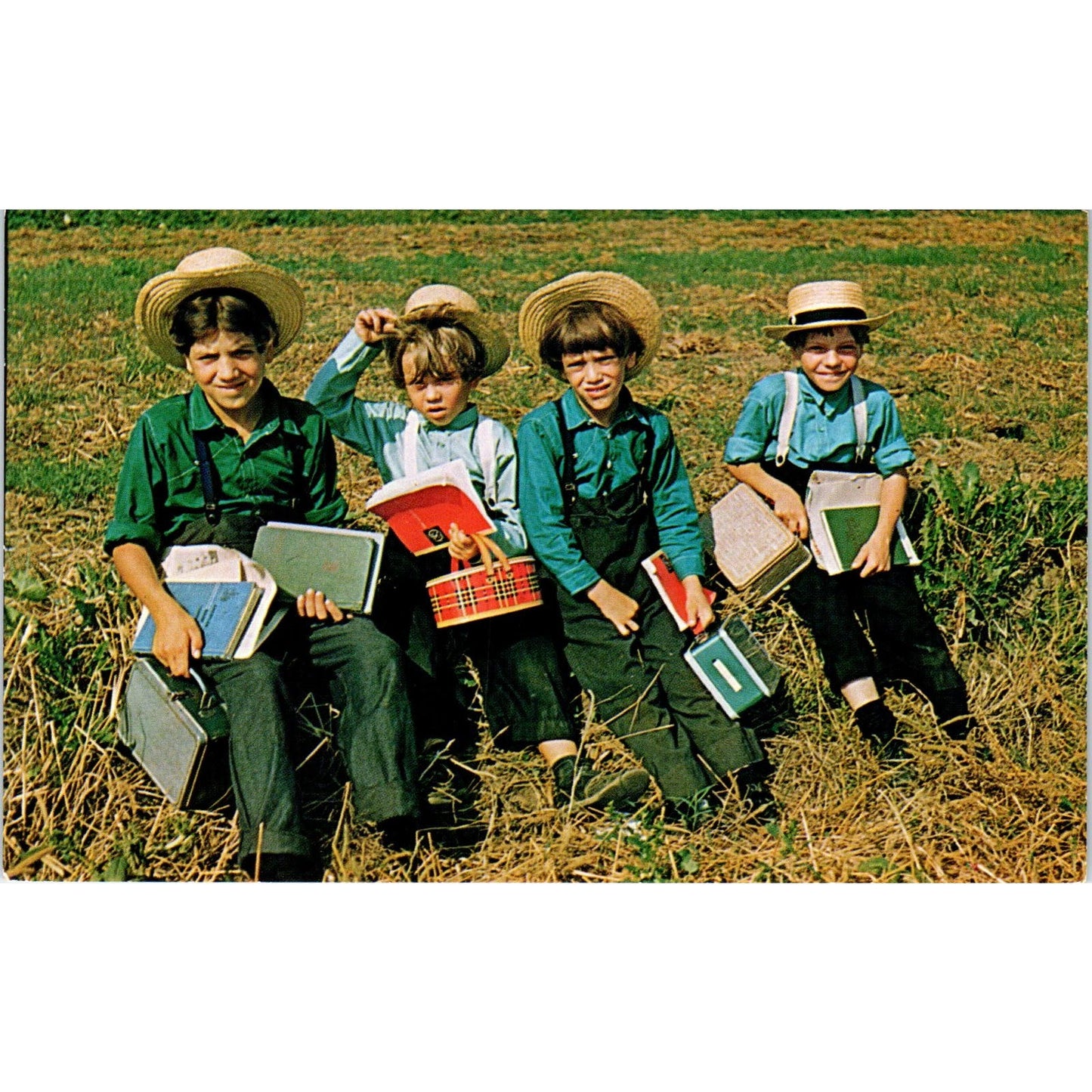 Amish School Boys With Lunch Boxes Pennsylvania Dutch Country Postcard PD8
