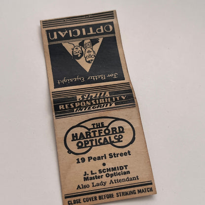 The Hartford Optical Co J.L. Schmidt CT Vintage Matchbook Cover TB8-MB-4