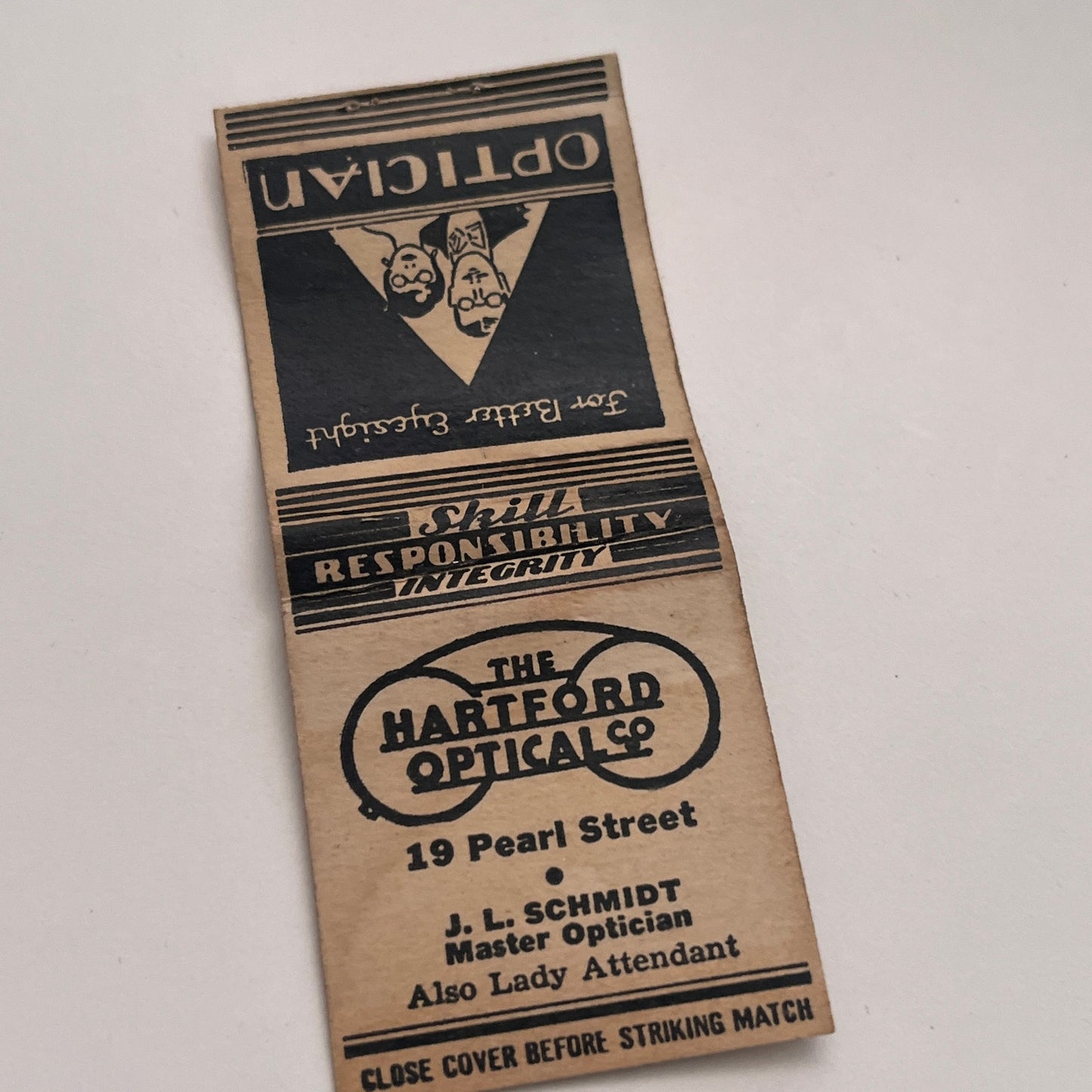 The Hartford Optical Co J.L. Schmidt CT Vintage Matchbook Cover MM2-7