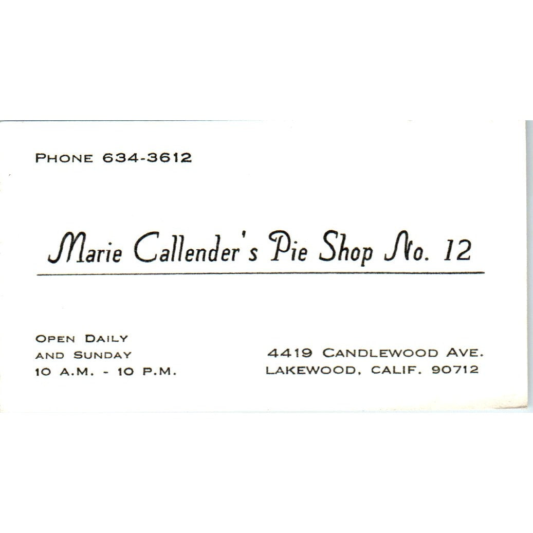 Marie Callender's Pie Shop No 12 Lakewood CA Vintage Business Card SD8-B8
