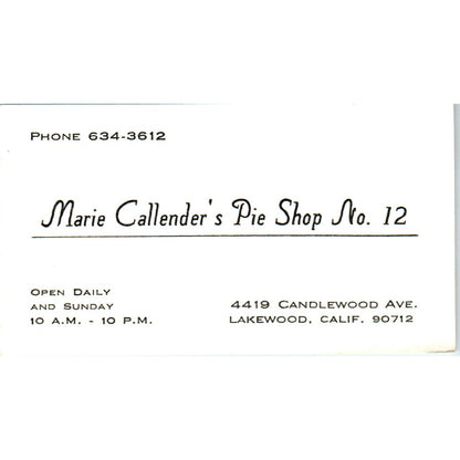 Marie Callender's Pie Shop No 12 Lakewood CA Vintage Business Card SD8-B8