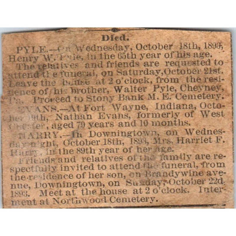 1893 Henry W. Pyle Obituary News Clipping D21