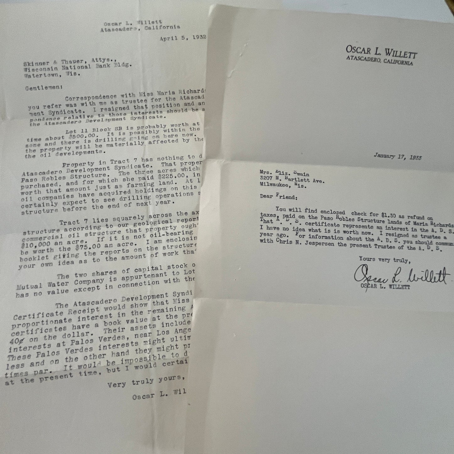 1933 Oscar L. Willett Atascadero CA Attorney Letter and Envelope J17