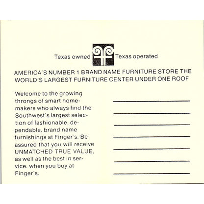 Fingers Furniture Company Maurice Garson Houston TX Vintage Business Card SB4-B2