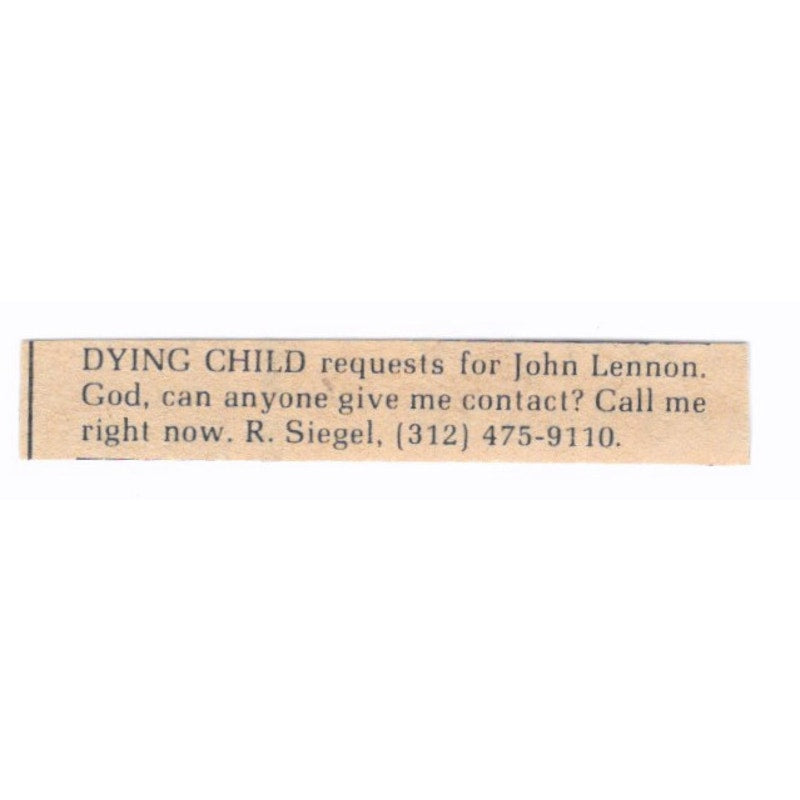 Dying Child Requests to Meet John Lennon R. Siegel Chicago 1/2x2 1974 Ad AF6-S8