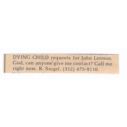 Dying Child Requests to Meet John Lennon R. Siegel Chicago 1/2x2 1974 Ad AF6-S8