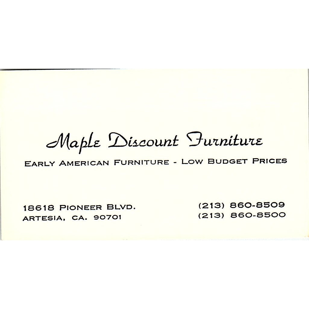 Maple Discount Furniture Pioneer Blvd Artesia CA Vintage Business Card SF3-B2