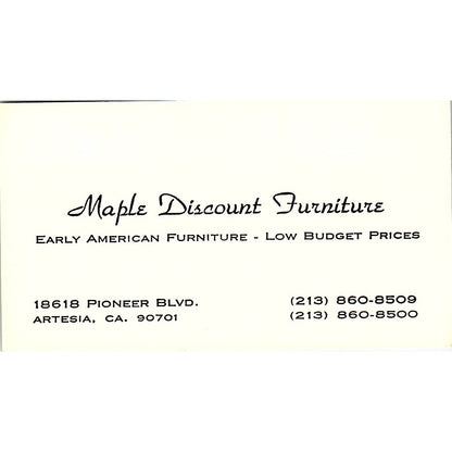 Maple Discount Furniture Pioneer Blvd Artesia CA Vintage Business Card SF3-B2