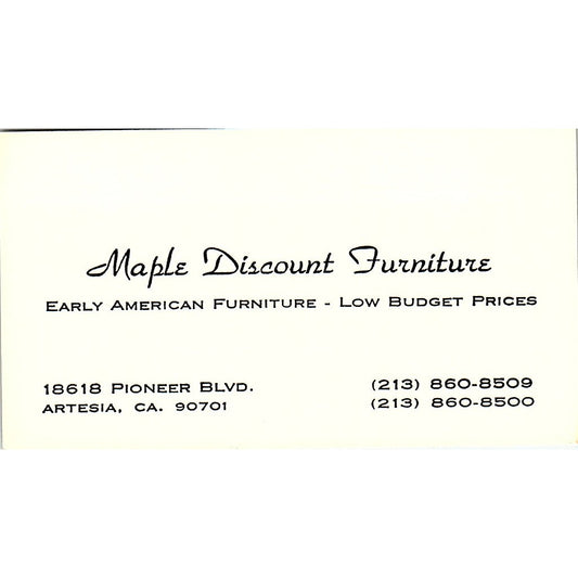 Maple Discount Furniture Pioneer Blvd Artesia CA Vintage Business Card SF3-B2