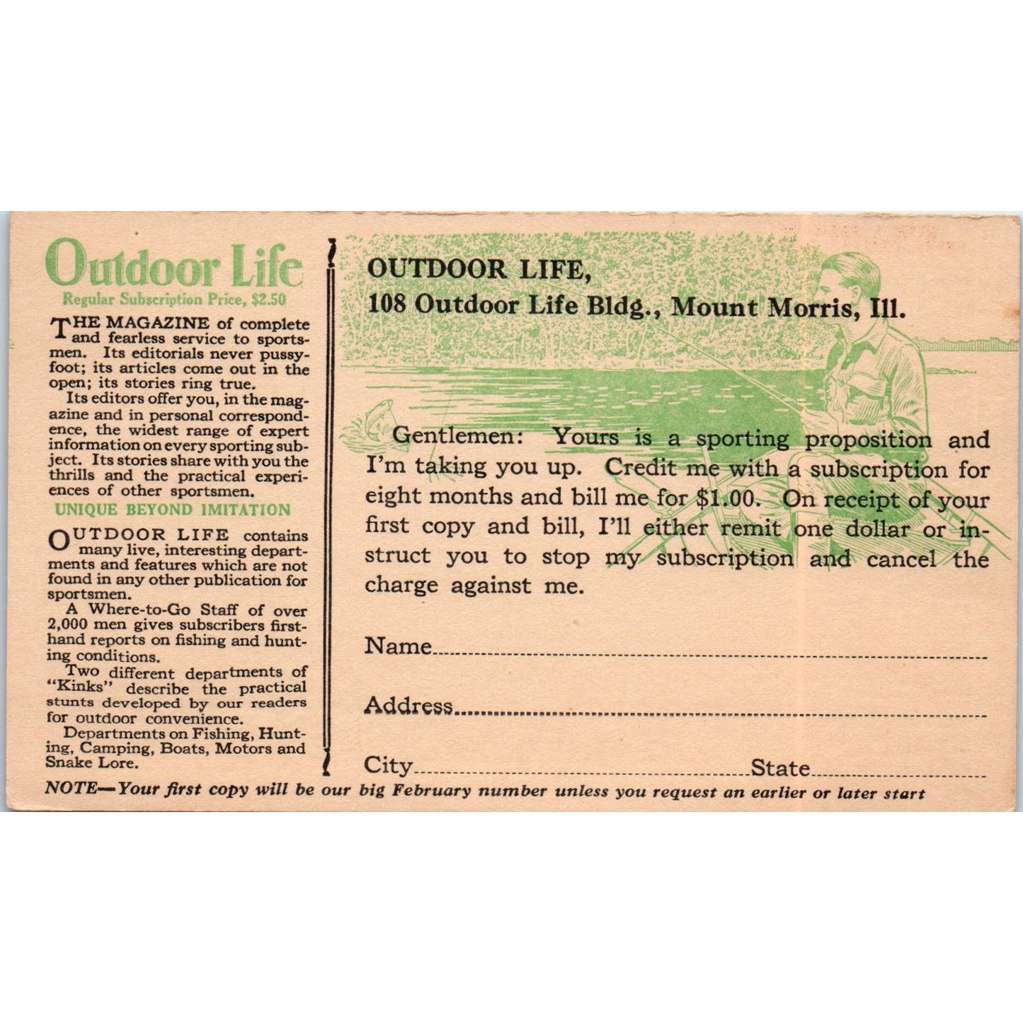 Outdoor Life Magazine Mount Morris Illinois Postal Mailing Card PE7