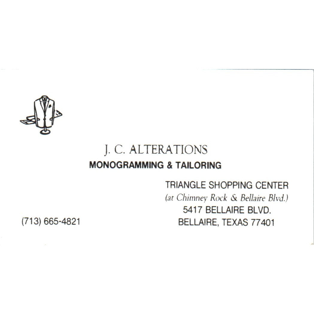 J.C. Alterations Tailoring Bellaire TX Vintage Business Card SD8-B21