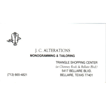 J.C. Alterations Tailoring Bellaire TX Vintage Business Card SD8-B21