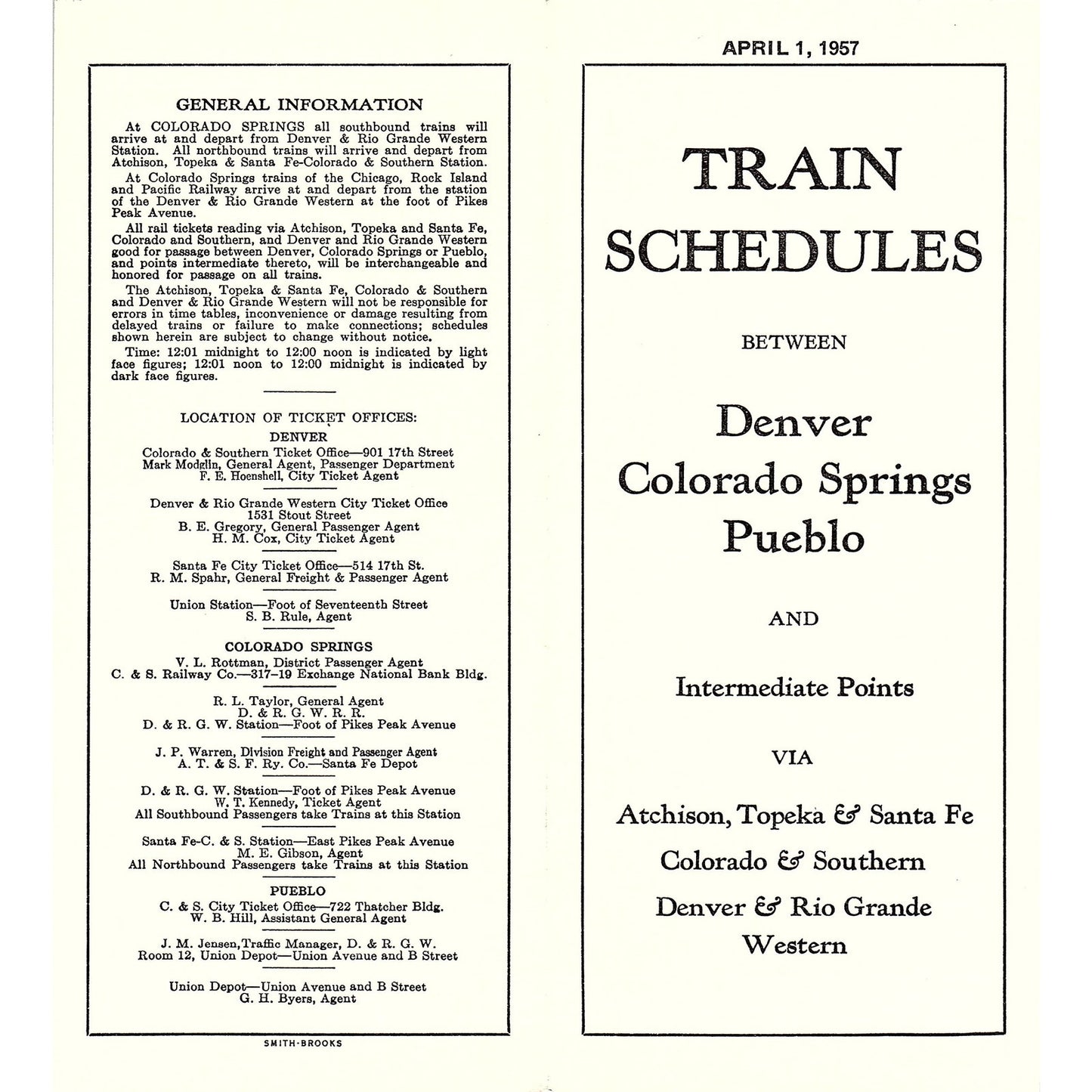 1957 Train Schedules Between Denver Colorado Springs Pueblo Timetable AF9-2