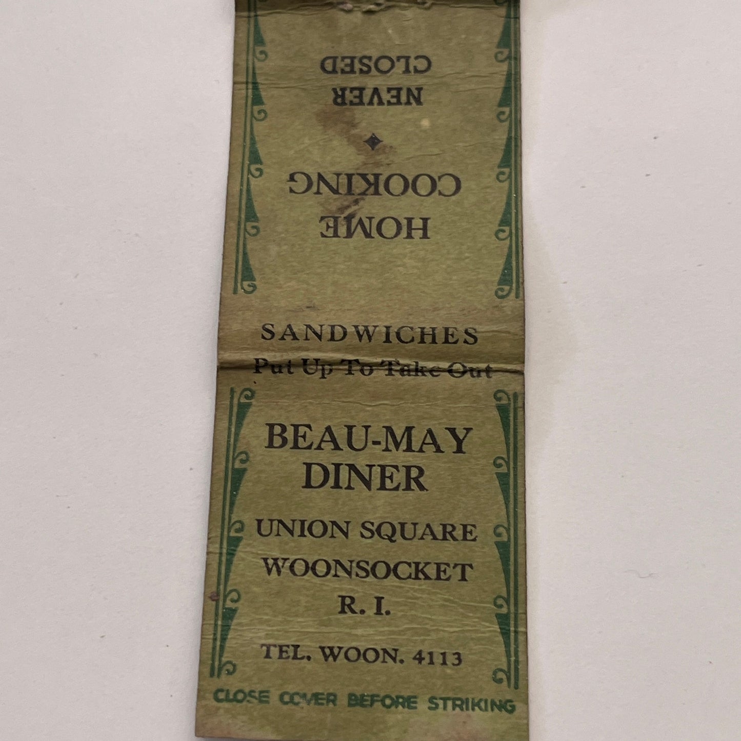 Beau-May Diner Union Square Woonsocket RI Vintage Matchbook Cover TB8-MB-15