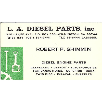 L.A. Diesel Parts Robert P. Shimmin Wilmington CA Vintage Business Card SB4-B5