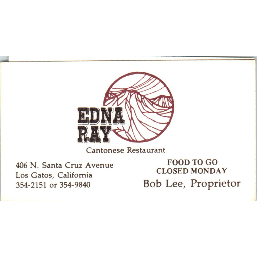 Edna Ray Cantonese Restaurant Bob Lee Los Gatos CA Vintage Business Card SD8-B8