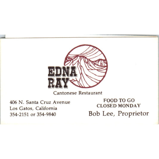 Edna Ray Cantonese Restaurant Bob Lee Los Gatos CA Vintage Business Card SD8-B8
