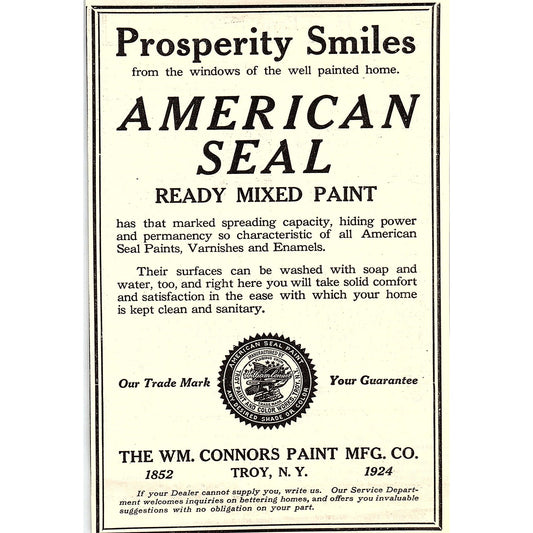The Wm Connors Paint Mfg Co American Seal Paint Troy NY 1924 Ad AG3-4