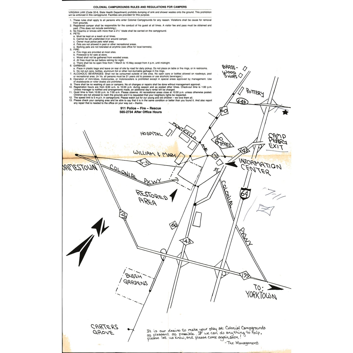 1960s Colonial Campgrounds Williamsburg VA Fold Out Map D24