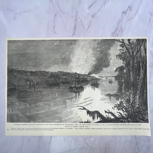 Admiral Porter's Flotilla Passing Batteries Vicksburg MS 1890s Engraving V14-6