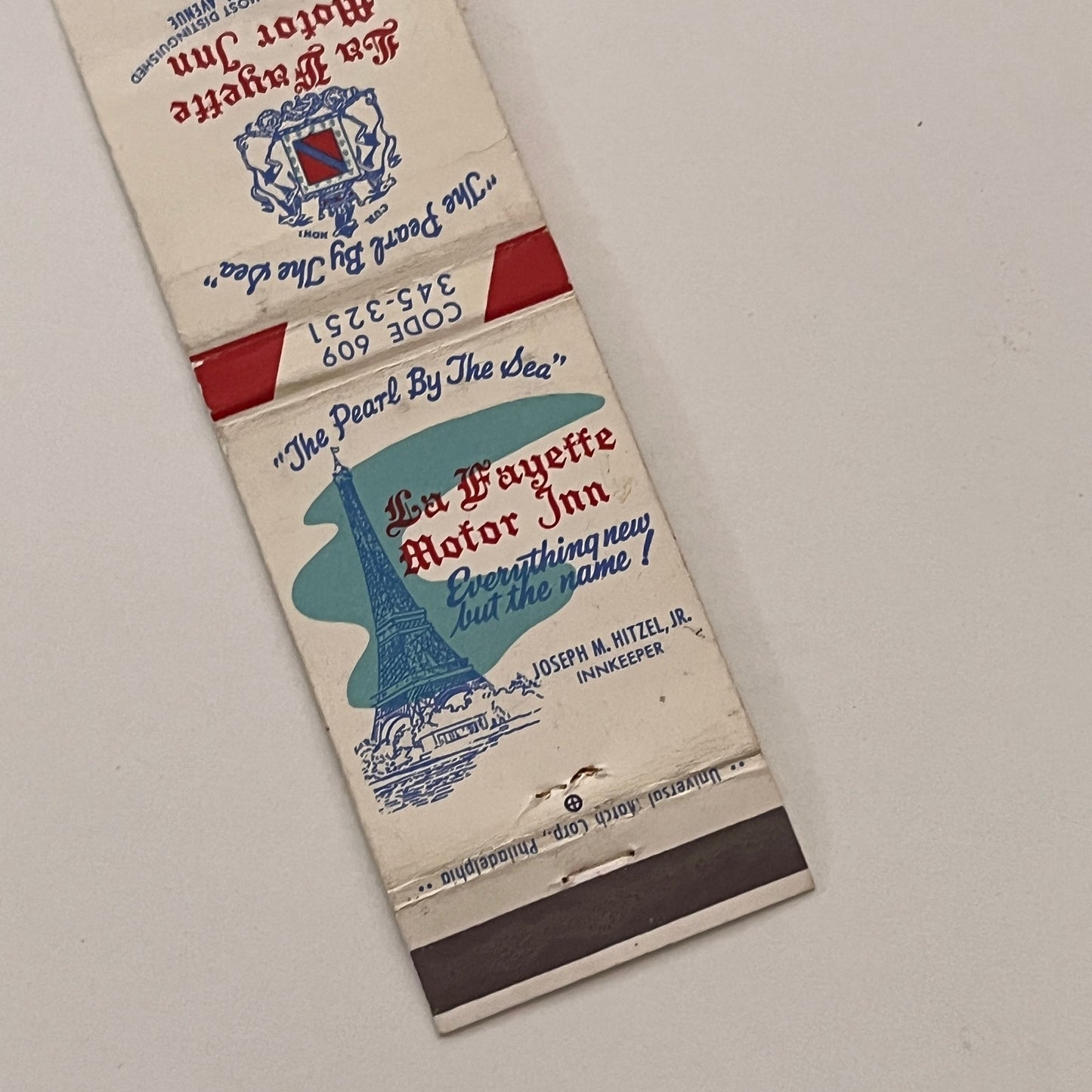 La Fayette Motor Inn Atlantic City Joseph M Hitzel Jr Matchbook Cover TB6-MB2-2