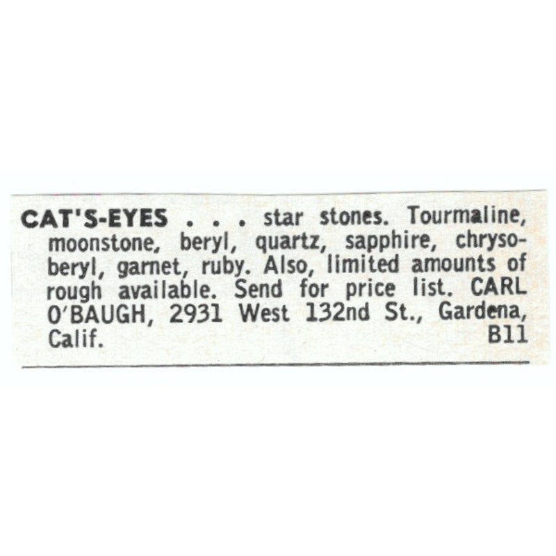 Carl O'Baugh Cat's-Eyes Tourmaline Gardena CA 1964 Magazine Ad AB6-LJS6