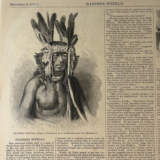 Harper's Weekly Standing Buffalo Santee Sioux Chief Engraving 1871 Sep 9 V1-7