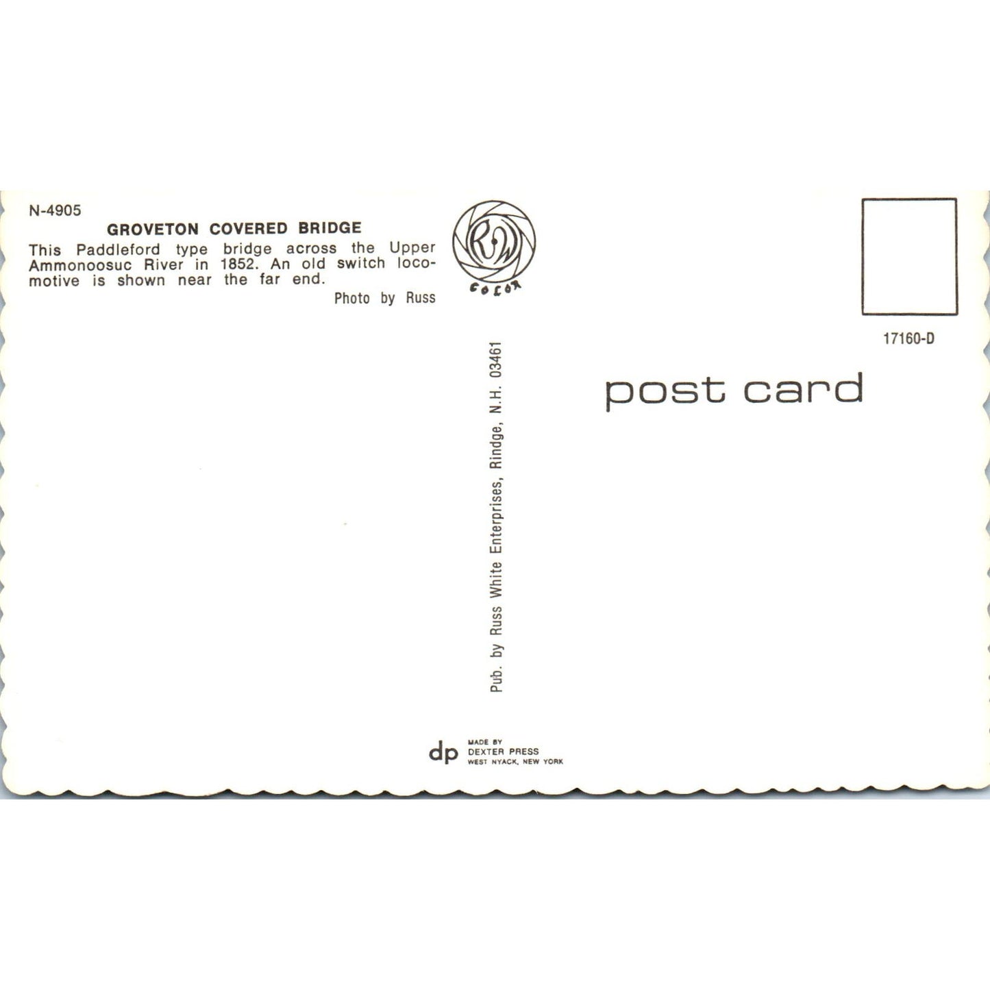 Groveton Bridge Ammonoosuc River NH Covered Bridge Postcard PC4