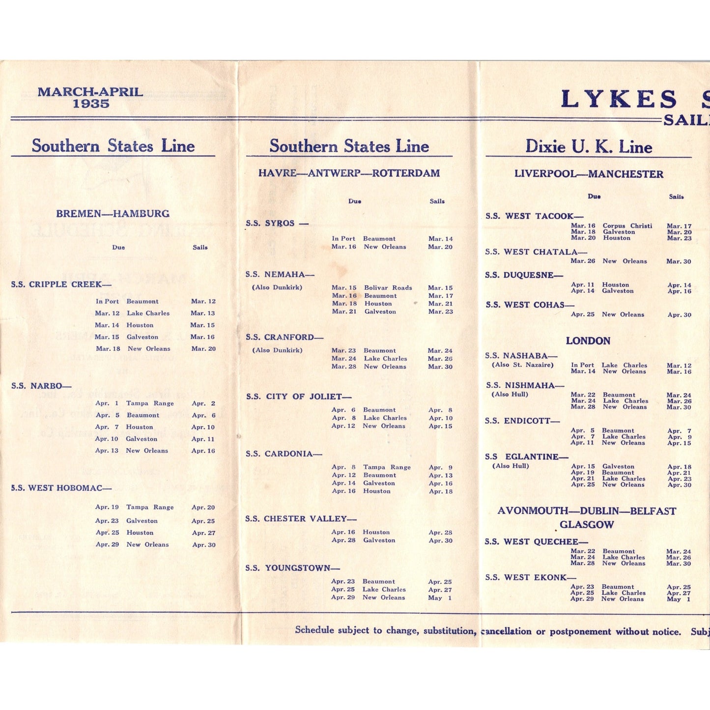 1935 Lykes Bros. Steamship Co U.S. Mail Steamers Sailing Schedule TH2-O2