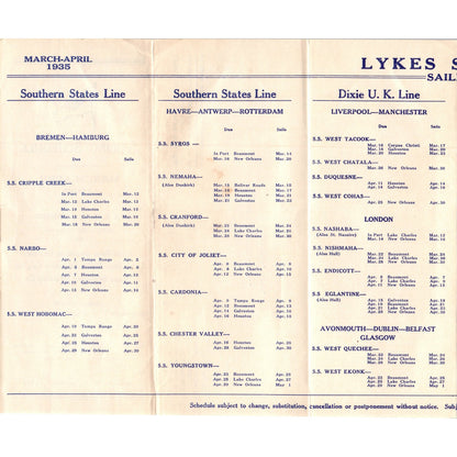 1935 Lykes Bros. Steamship Co U.S. Mail Steamers Sailing Schedule TH2-O2