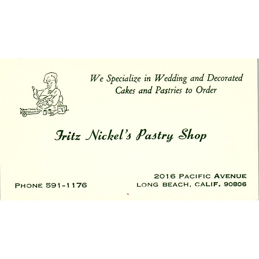 Fritz Nickel's Pastry Shop Long Beach Vintage Business Card SD9-B11