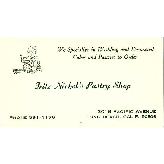 Fritz Nickel's Pastry Shop Long Beach Vintage Business Card SD9-B11