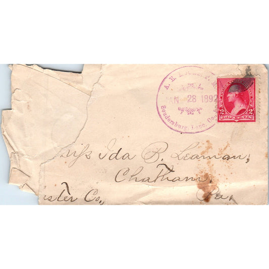 1892 Postal Cover Ida B. Leaman Chatham Soudersburg Lane Co. PA D20