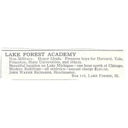 Lake Forest Academy John Wayne Richards IL c1918 Original Advertisement AE5-SA6