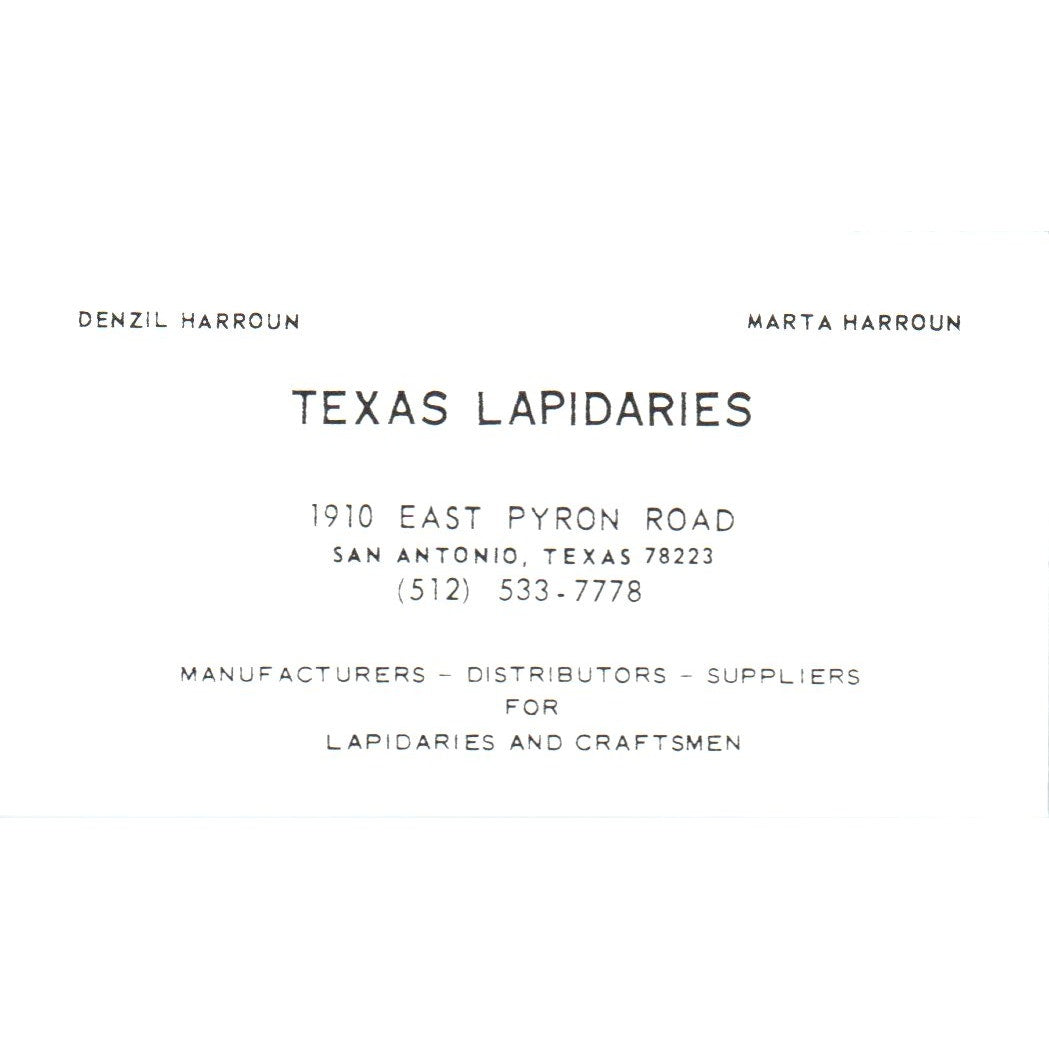 Texas Lapidaries Denzil & Marta Harroun San Antonio Vintage Business Card SD8-B6