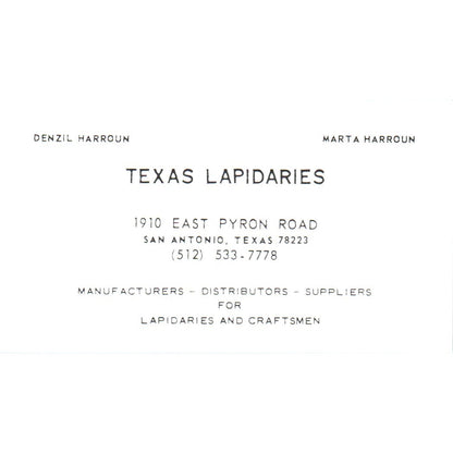 Texas Lapidaries Denzil & Marta Harroun San Antonio Vintage Business Card SD8-B6