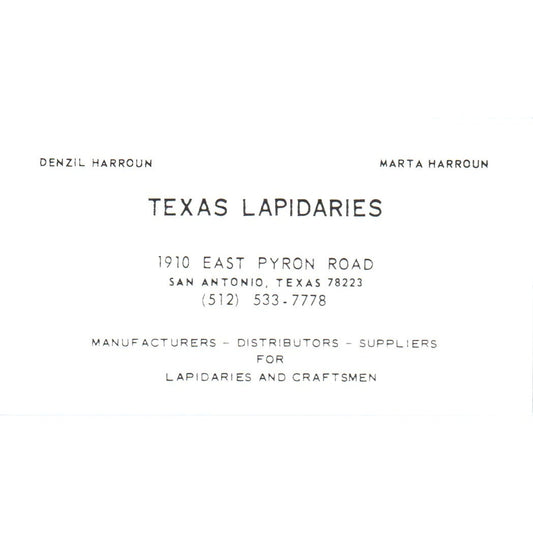 Texas Lapidaries Denzil & Marta Harroun San Antonio Vintage Business Card SD8-B6